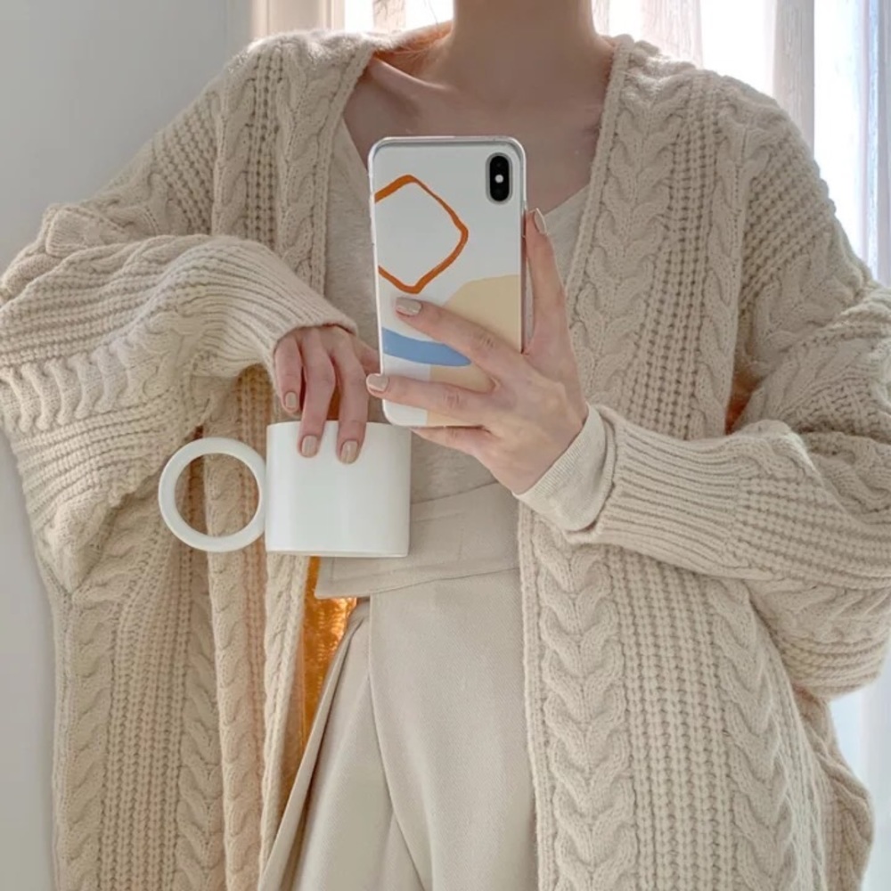 Twist cardigan sweater cable knit cream beige womens knit long sleeve - Picture 6 of 11